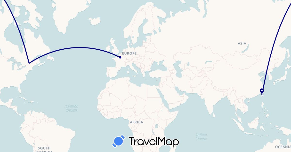 TravelMap itinerary: driving in Canada, France, Taiwan (Asia, Europe, North America)